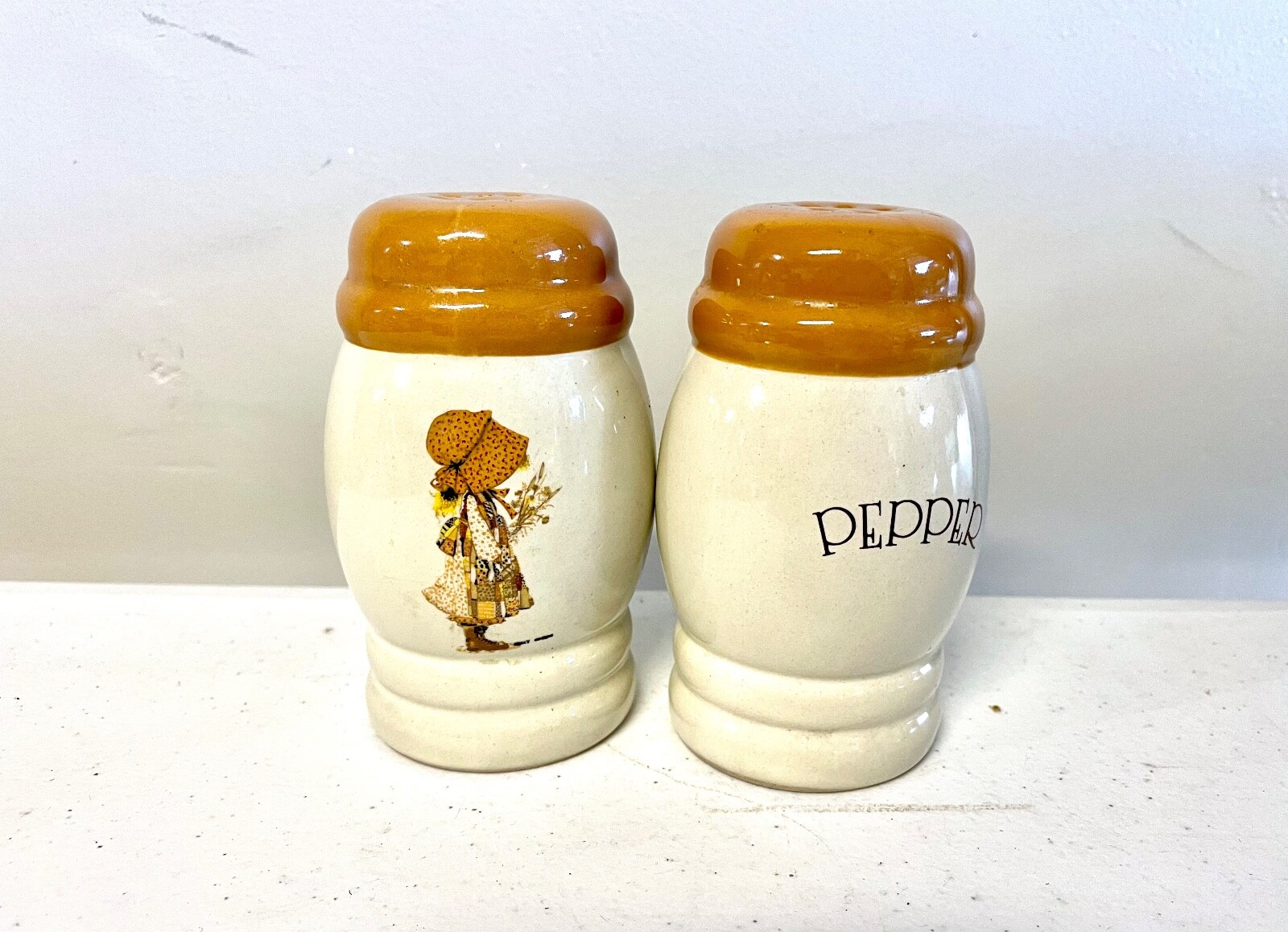 Vintage Holly Hobbie Salt & Pepper Shaker Set Country Living in Yellow and Brown
