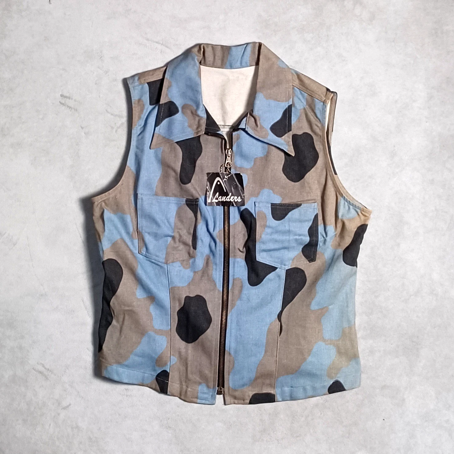 Mens Denim Camo Vest Jacket Medium Blue Camouflage Zip Up Gilet Outdoors Italian