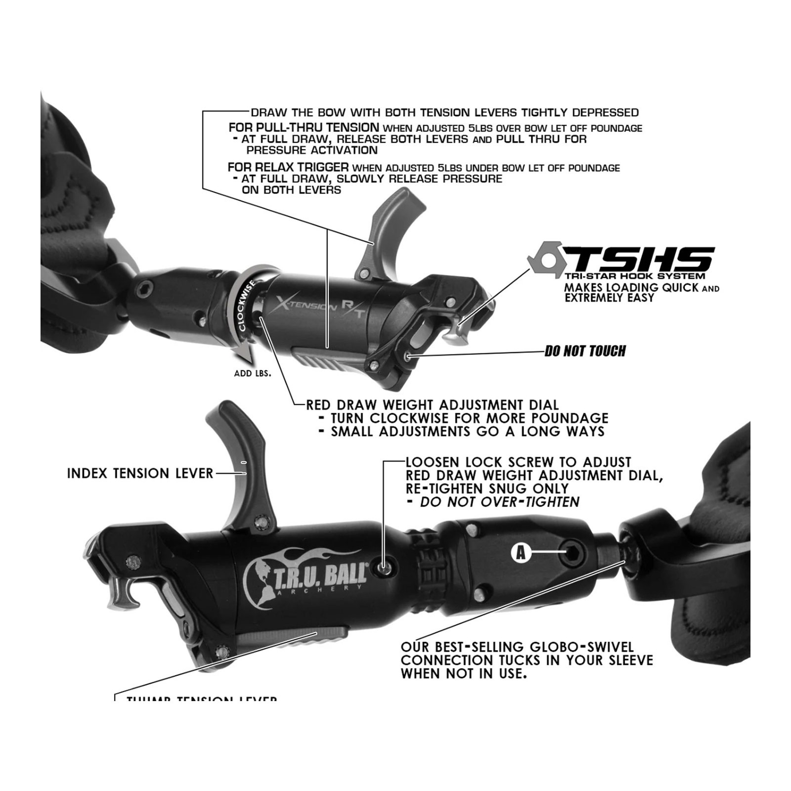T.R.U. BALL ARCHERY X-Tension R/T Globo Swivel Buckle Strap Release (TRGB-BK-L)
