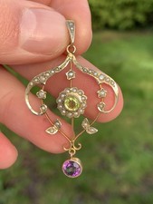 9Ct Gold Peridot Amethyst Seed Pearl Suffragette Period Art Nouveau Pendant 