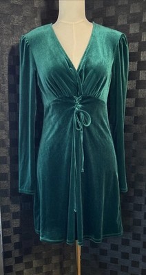 Bebop Emerald Green Velvet Mini Dress Size Large V-Neck Romantic Cottagecore