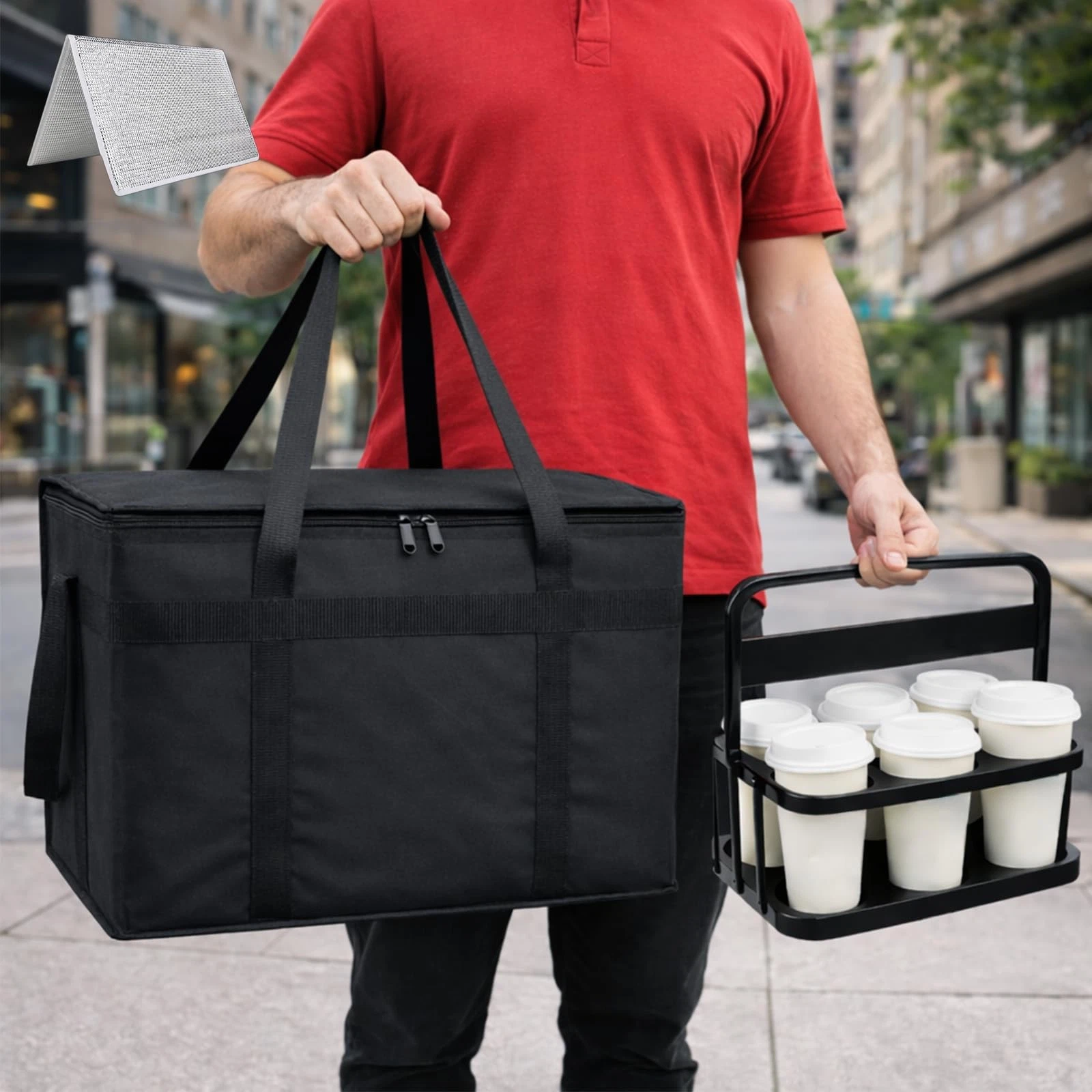 Cooler Insulated Food Delivery Bag & Drink Carrier with 20" x x 6", Black