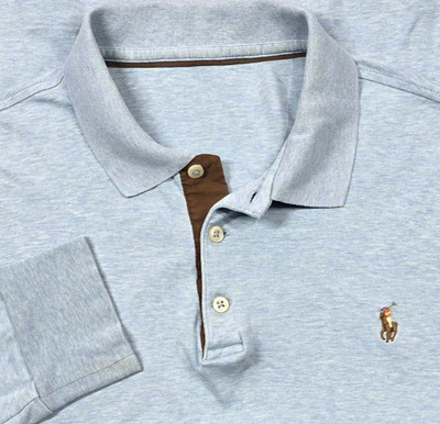 Ralph Lauren Polo Men Shirt M Heather Blue Long Sleeve Rugby Soft Contrast trim