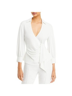CINQ A SEPT Womens White Tie Lined 3/4 Sleeve Faux Wrap Top XS