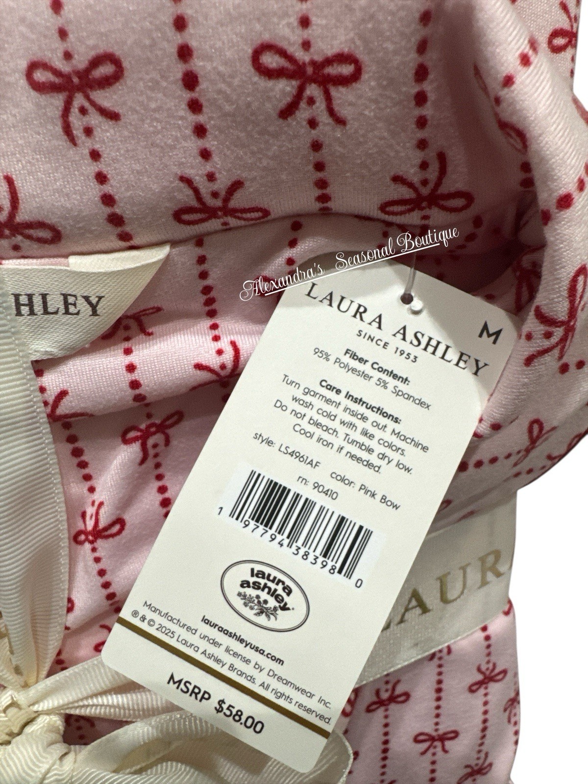 Laura Ashley Christma Soft Long Sleeved Pajama 2 Pc Set M Pink Red Bows Ribbons