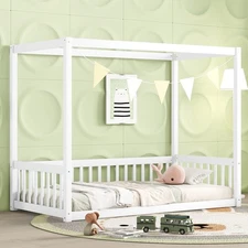 Twin Size Canopy Frame Floor Bed with Fence, Guardrails,White