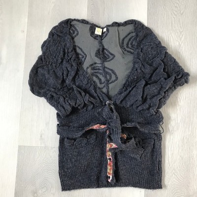 Yellow Bird Gray Sweater Vest Large Womens 3D Knit Cardigan Cottage Core