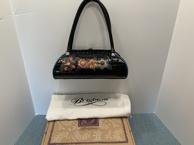 Brighton Mandy Black Patent Floral Appliqué Purse 
