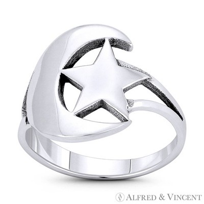 Halbmond Mond & Stern Türkisch & Islam Charm 0,925 Sterling Silber Ring rechts