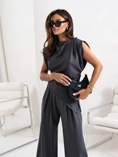 Slit Ruched Top and Wide Leg Pants Set
