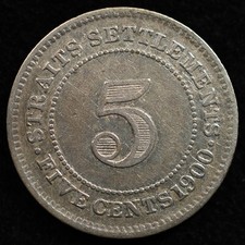 Straits Settlements 5 Cents 1900, Coin, Silver, Inv#I596