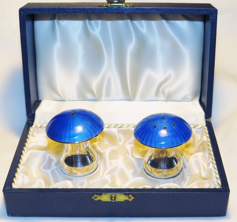 Midcentury Ela Denmark Sterling Silver & Enamel Mushroom Salt & Pepper Set