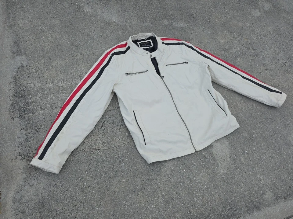 Wilsons Faux Leather White Jacket Medium Red Blue Stripes Motorcycle Moto - Image 3 of 4