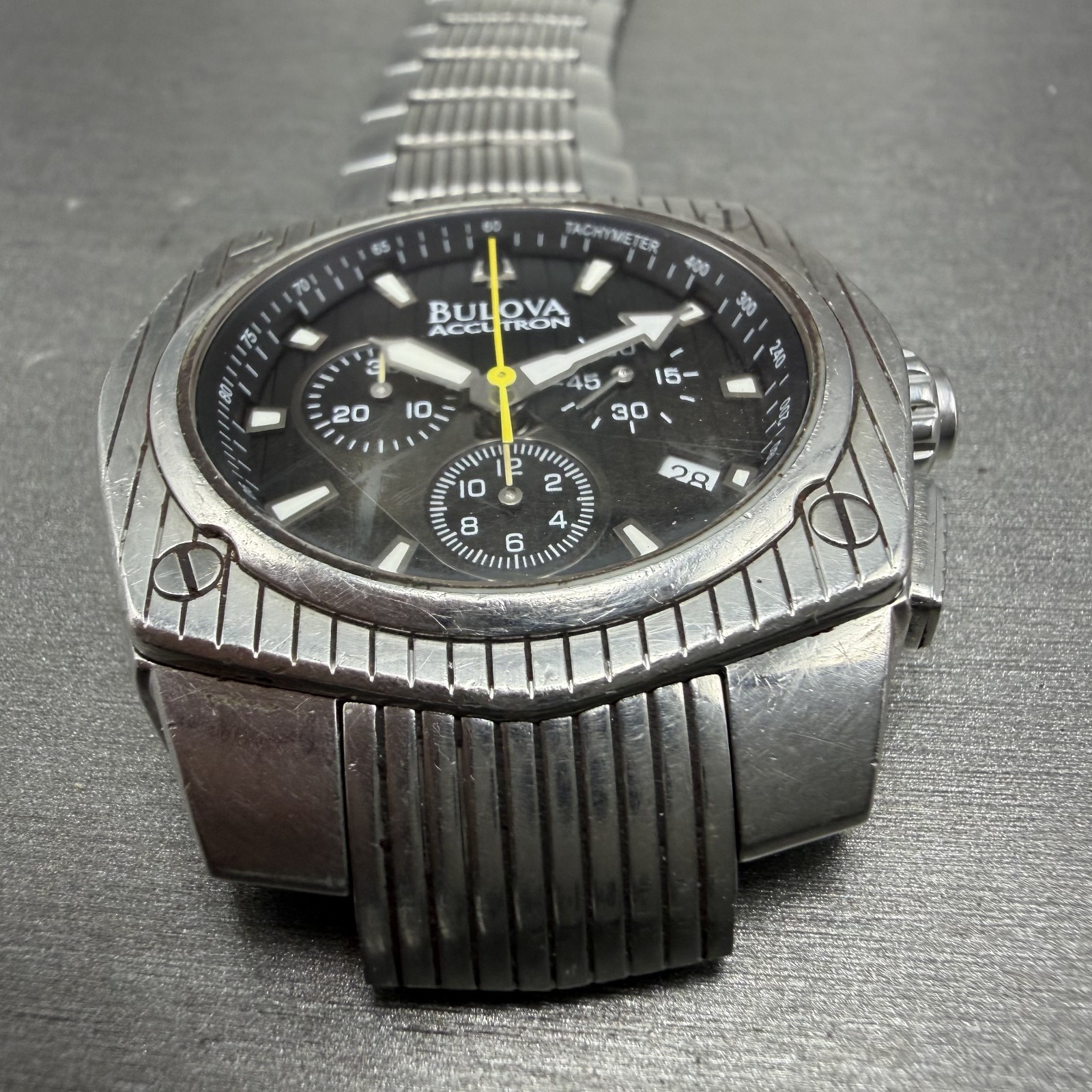 Bulova Accutron Chronograph Watch Men 42mm Black Dial Silver Tone 63B111 New Bat