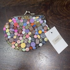 New w tags Beaded Coin Purse Silver Color Kiss lock Black Fabric many beads