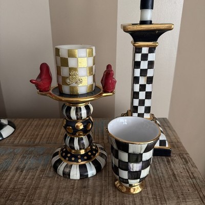 Retired Mackenzie Childs Courtly Stripe Ceramic Bird Tall Candlestick Holder