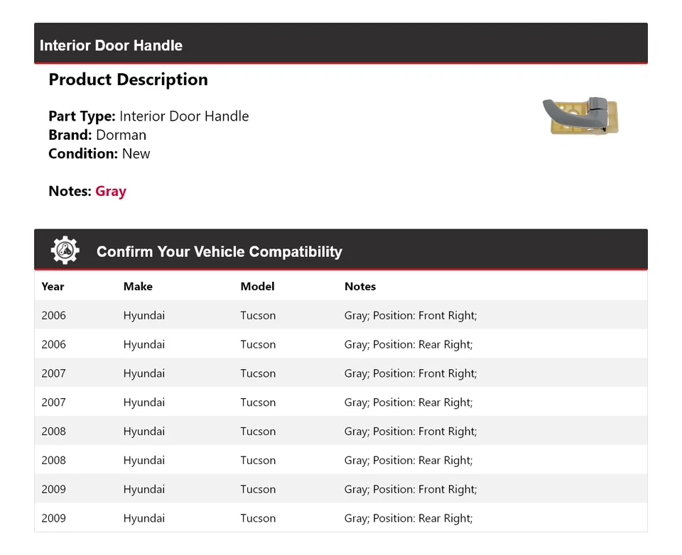 Manija de puerta interior para Hyundai Tucson Dorman 2006-2009 2007 2008 Foto 2 de 4