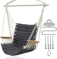 [Upgraded] Hammock Chair Hanging Swing with Wooden Armrests;Steel Spreader Bar a