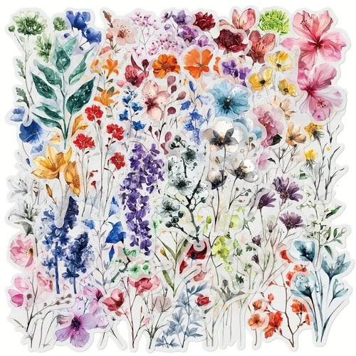 50pc Clear Colorful Floral Flower Sticker Pack Phone Case, Laptop, Journaling