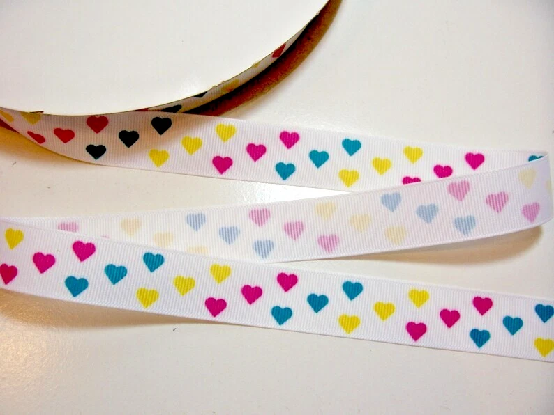 Cinta de grosgrain corazones blancos verde azulado rosa amarillo 7/8" x 10 yardas poliéster B52 Foto 4 de 4