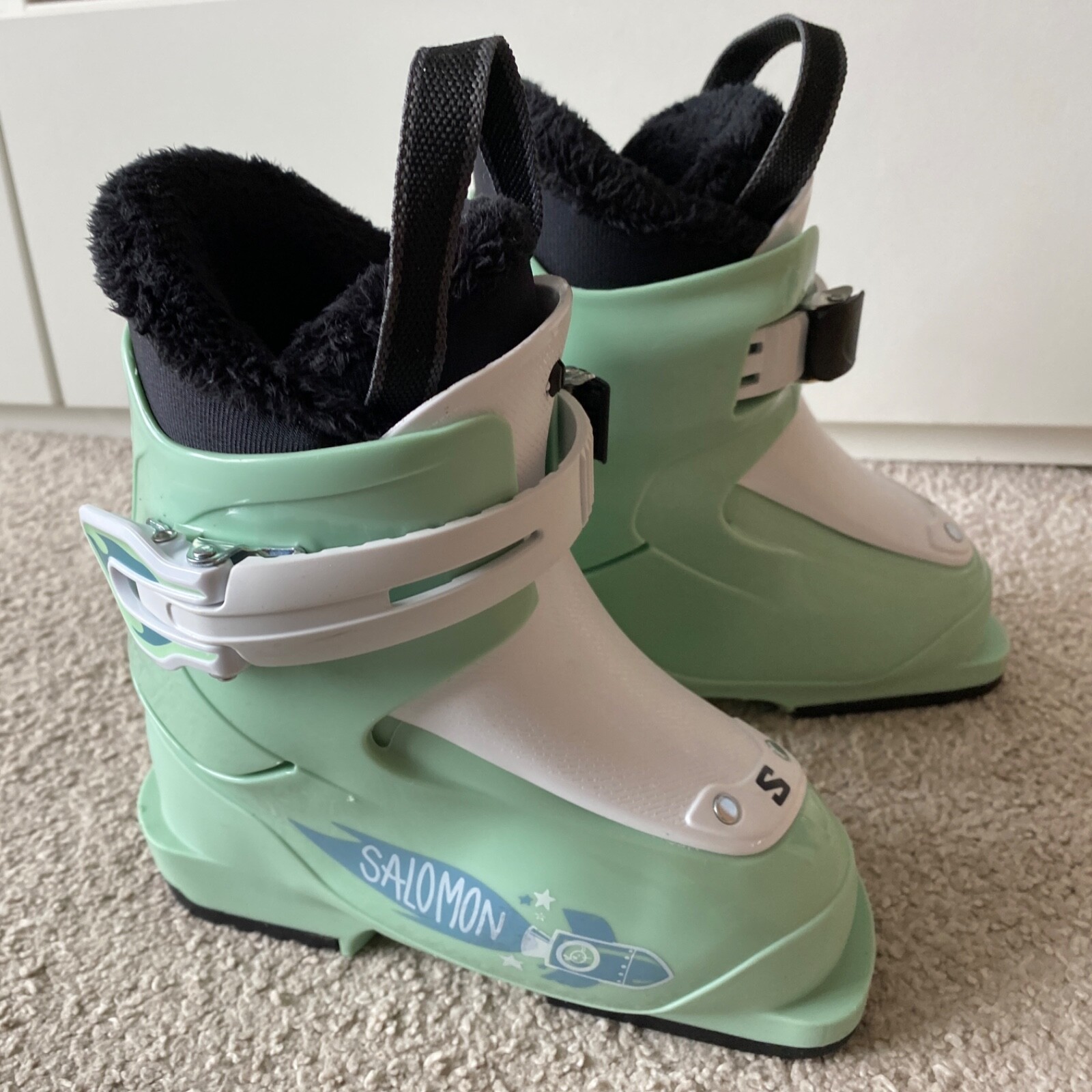 Scarponi da sci Salomon bambino bambino T1 come nuovi UK8.5 9.5K Mondopoint 16 208m