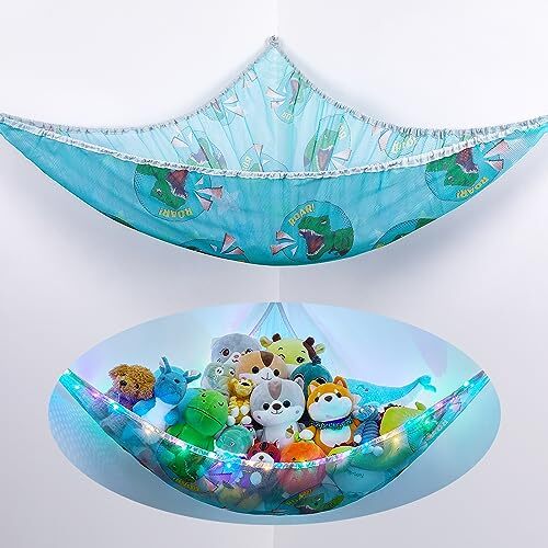 Stuffed Animals Hammock Toy Storage Organizer w/ LED Light for Nursery Room Wall - Picture 1 of 7
