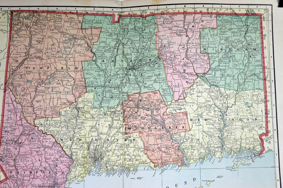 Mapa del estado de Connecticut litografía en color 22,5 x 14,5 de Crams Atlas Foto 3 de 4