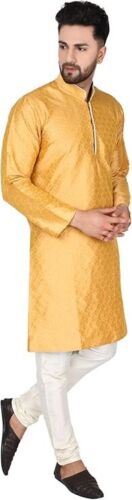 Indian Men’s Gold Silk Kurta Pyjama Set – Ethnic 2-Piece for Celebrations - Picture 6 of 20