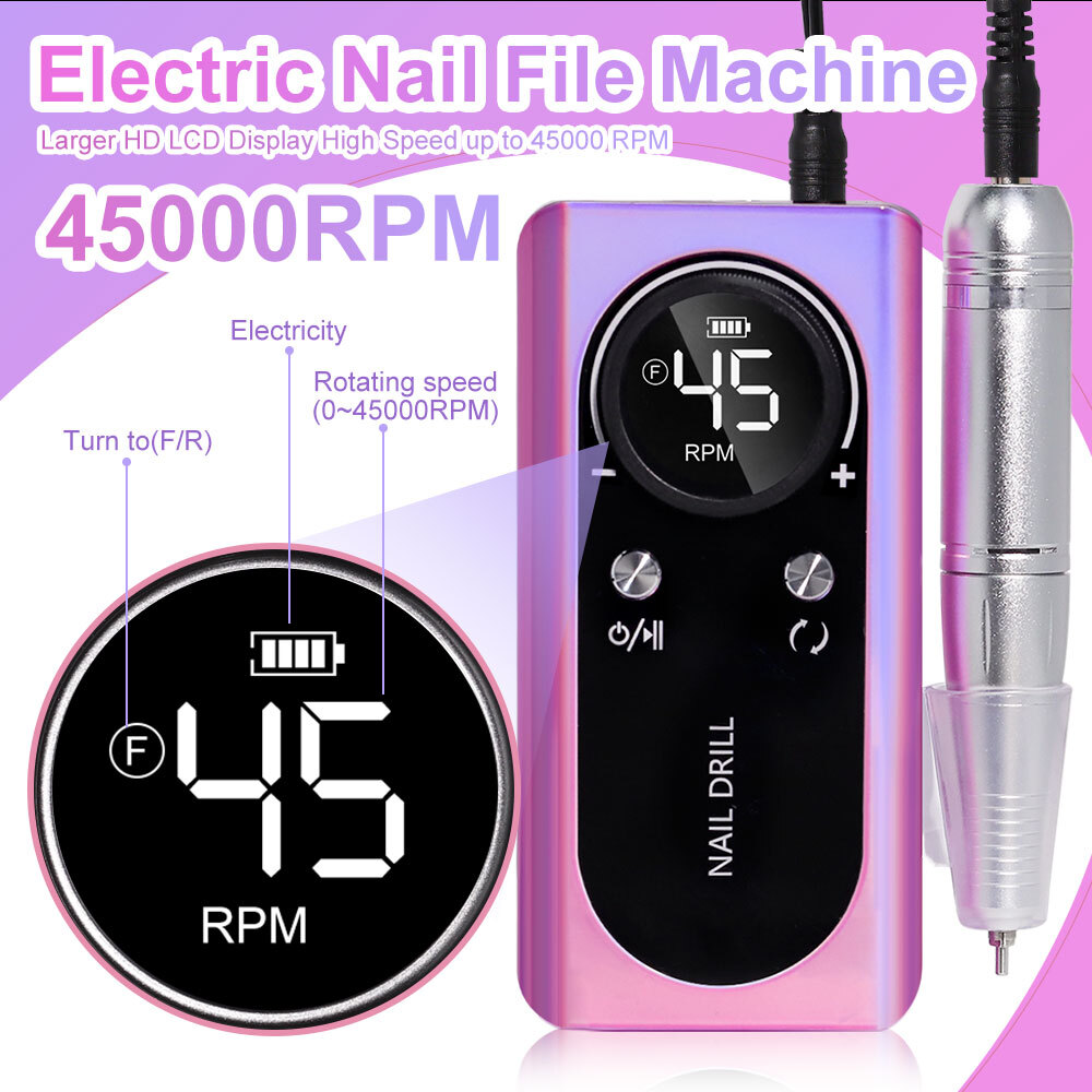 45000RPM Electric Portable Nail Drill Machine Rechargeable Low