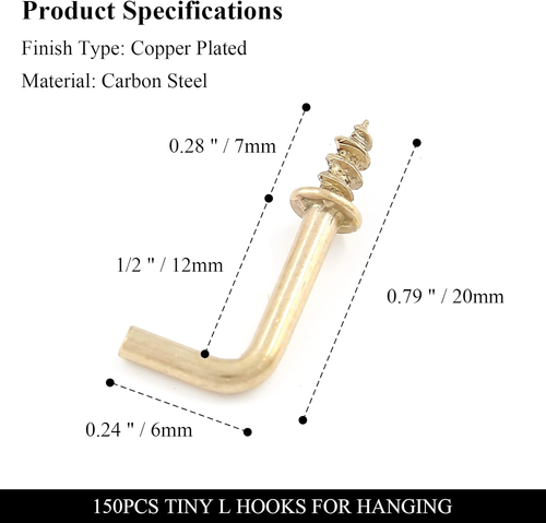 150Pcs Tiny L Hooks for Hanging, Mini Right Angle Screw Hooks 1/2 Inch Square Be - Picture 2 of 12