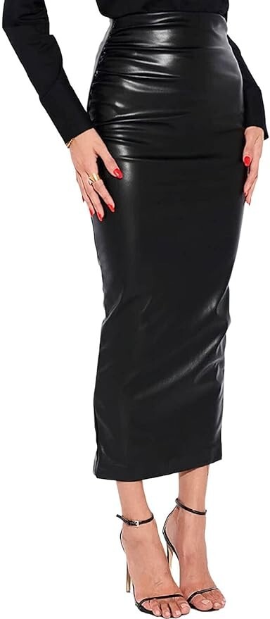 Women's Faux Leather Bodycon Long Ruched Split Office Pencil Skirt