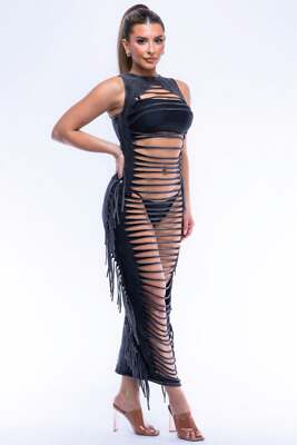 cut out fringe dress Jaded Rose cut-out fringe sequin mini dress in black
