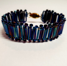 Deep Navy Blue GLASS Bugles and Square Bead Woven 85+ Yr Old Artisan 7" Bracelet