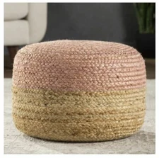 New Pink and Beige Circle Shaped Jute Pouf Polystyrene Beads Ottoman Foot Stool