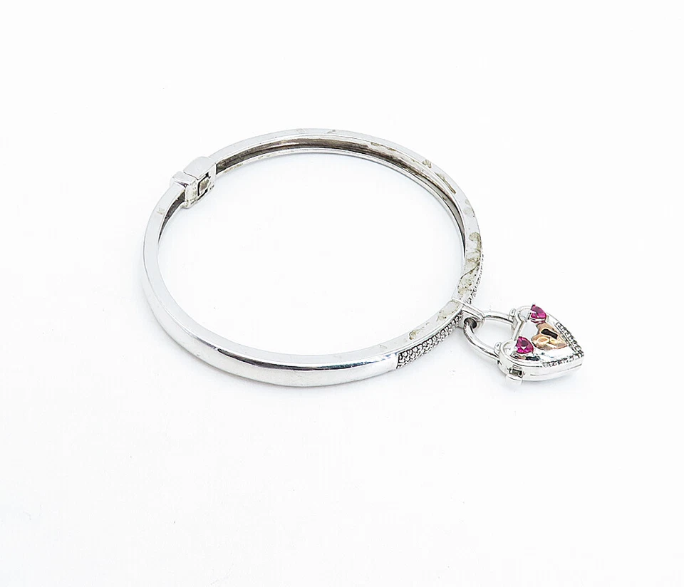 925 Silver  Ruby & Genuine Diamonds Padlock Charm Bangle Bracelet  BT3018 - Image 3 of 4