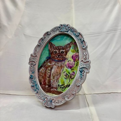 Original Art Acrylic painting by Rose marry「cat and flower」 Free shipping