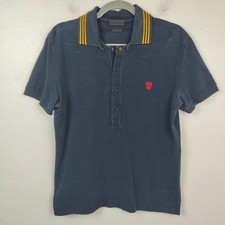 Alexander McQueen Polo Shirt Mens Medium Navy Blue Pique Knit Skull Patch Chest