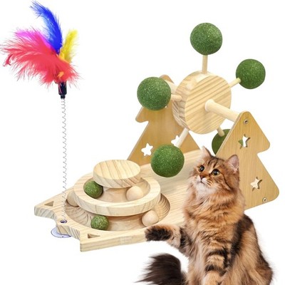3-in-1 Cat Scratcher Toy with Catnip Balls Windmill Turntable Feather Toy