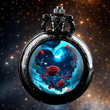 Vintage Black Round Quartz Pocket Watch with Starry Rose Pattern  Elegant Alloy