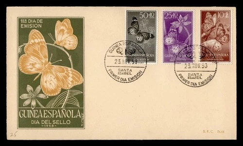 DR WHO 1958 SPANISH GUINEA FDC BUTTERFLY SEMI POST STAMP DAY COMBO M76614