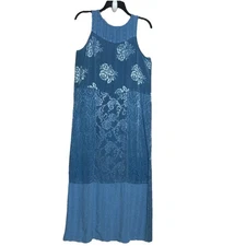 Vintage Citron Santa Monica Damask Maxi Dress Sleeveless Patchwork Blue Size M