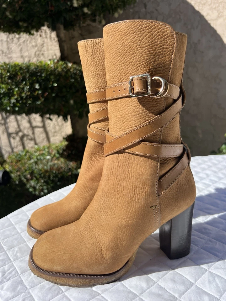 Botas Tory Burch Doradas Marrón Correa de Cuero Jamie Vicuña Gamuza Media Pantorrilla Talla 5.5 M Foto 2 de 4