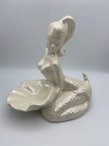 Vintage Mermaid Dresser/Bathroom Caddy White Iridescent Ceramic