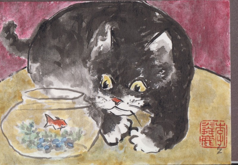 LinLi888 ACEO Original Art Watercolor Painting Cat Goldfish 25043002