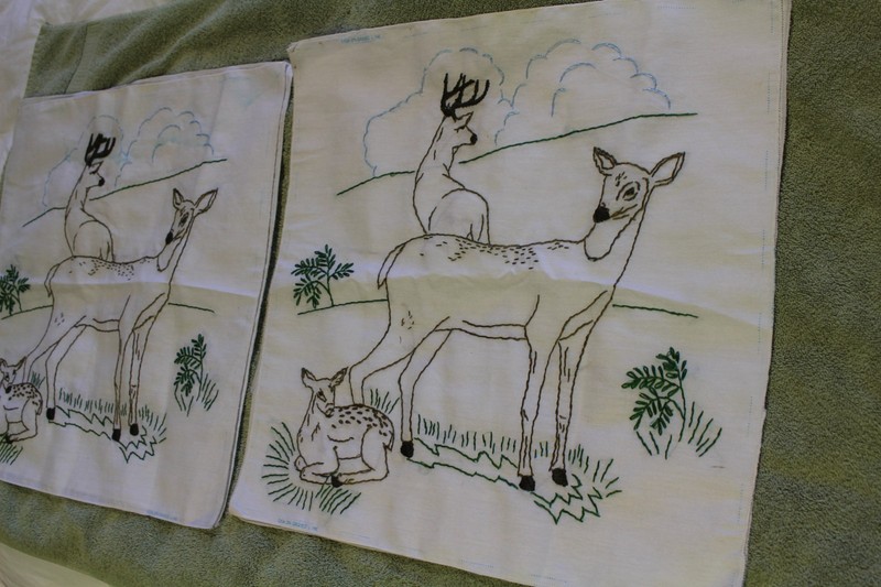 Vintage Embroidered 18" x 18" Blocks set of 6, Buck, Doe & Fawn.