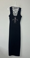 VTG Deréon Black Maxi Bodycon Dress Women’s Size L Y2K Fleur-de-lis Beyonce