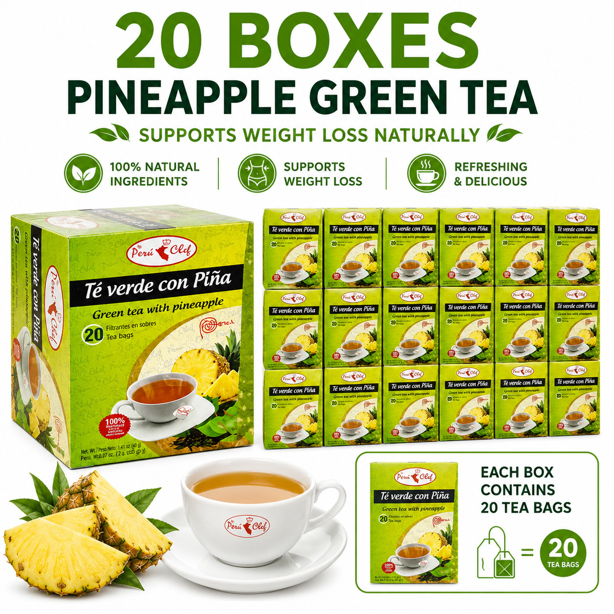 20 Boxes Pack | 400 Total Tea Bags | Natural Green Tea With