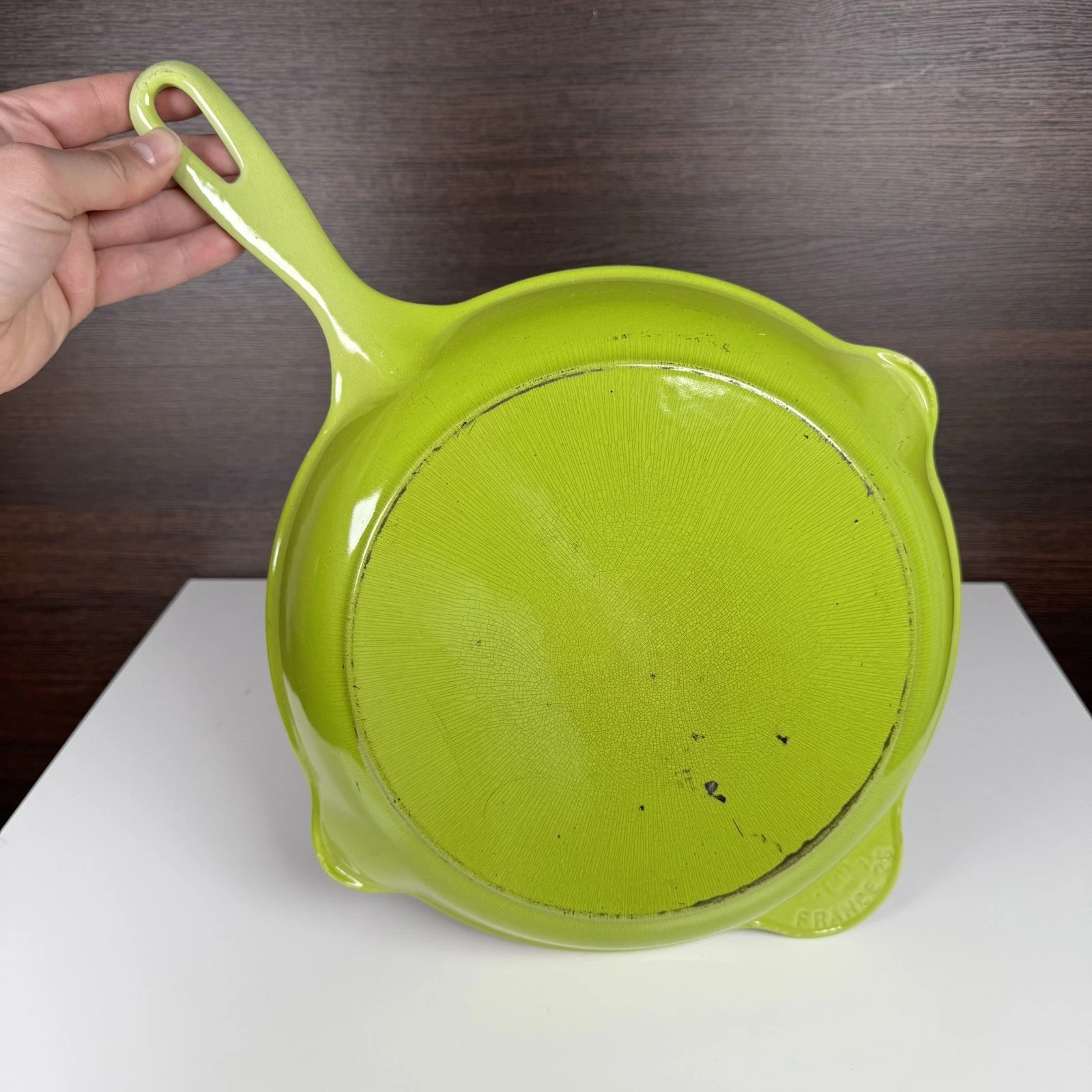 LE CREUSET # 26 Green Enamel Cast Iron Skillet Fry Pan 2 Spouts- 10-1/2"-France
