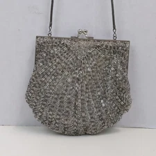 Andre Cellini Womens Silver Beaded Evening Bag Shell Clutch Purse Vintage
