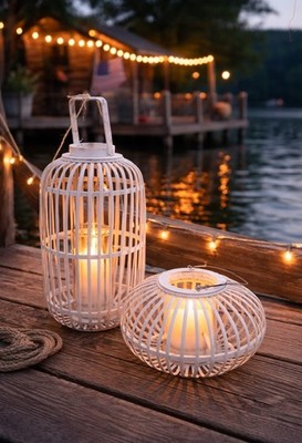 Clayre & Eef Laterne Windlicht Weiß 2 Varianten oder Set Rattan Glas H 21 o 50cm